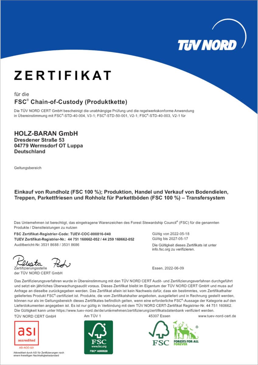 Zertifikat für die FSC® Chain of Custody (Produktkette)